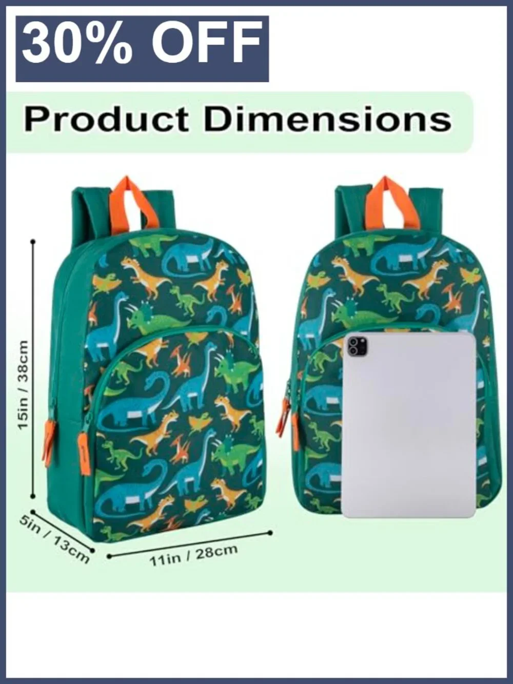 Kids Backpack with Dinosaur Print - Adjustable Padded Straps, 15 Inch for